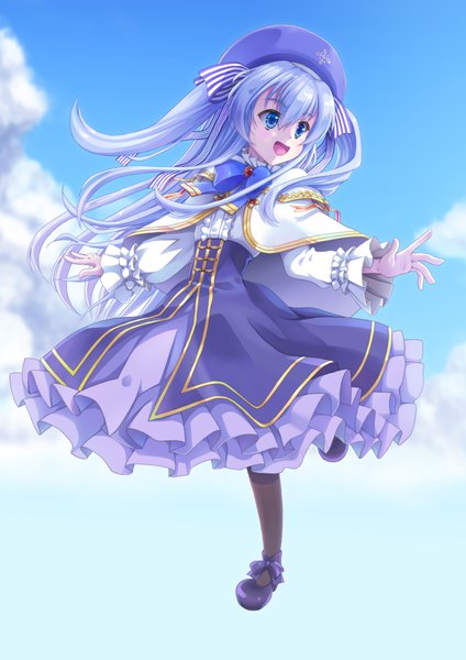 Anime picture 827x1169 with seirei gensouki celia claire leshade entis single long hair tall image fringe open mouth blue eyes smile hair between eyes standing payot blue hair looking away sky cloud (clouds) full body outdoors :d