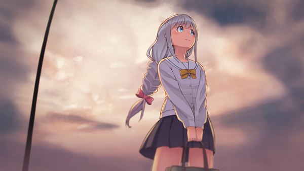 Anime picture 1920x1080 with eromanga sensei a-1 pictures izumi sagiri coffeiz p single long hair blush highres blue eyes wide image standing holding payot sky silver hair cloud (clouds) outdoors braid (braids) long sleeves pleated skirt