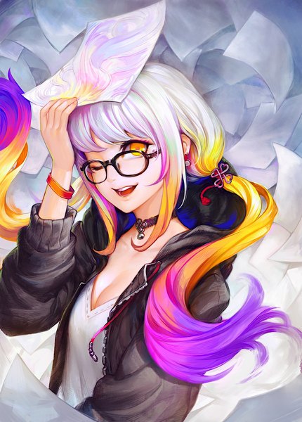Anime picture 860x1200 with original asuka111 single long hair tall image looking at viewer fringe breasts open mouth blonde hair smile twintails holding yellow eyes payot cleavage purple hair upper body white hair long sleeves