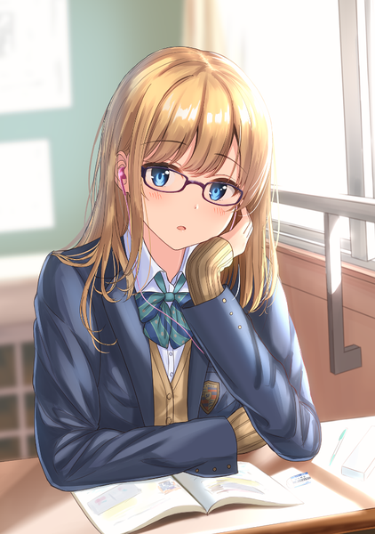 Anime picture 703x1000 with original burenbo single long hair tall image looking at viewer blush fringe open mouth blue eyes blonde hair sitting payot indoors sunlight open clothes :o sleeves past wrists chin rest classroom