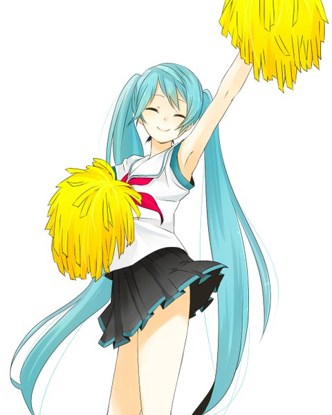 Anime picture 1024x1280 with vocaloid hatsune miku minmii (minmi078) single tall image simple background smile standing white background twintails eyes closed very long hair pleated skirt arm up aqua hair armpit (armpits) girl skirt uniform serafuku