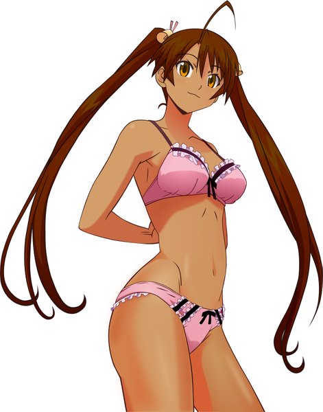 Anime picture 1411x1796 with mahou sensei negima! kagurazaka asuna single long hair tall image light erotic simple background brown hair white background brown eyes underwear only hands behind back girl navel hair ornament underwear panties