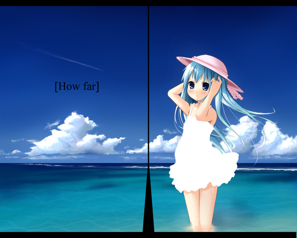 Anime picture 1280x1024 with vocaloid hatsune miku karaage3 single long hair looking at viewer blush blue eyes twintails blue hair sky cloud (clouds) loli girl hat sea sundress