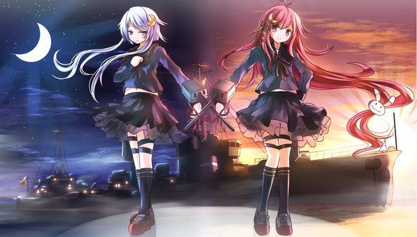 Anime picture 2205x1254 with kantai collection uzuki destroyer yayoi destroyer risutaru long hair looking at viewer fringe highres red eyes wide image standing purple eyes multiple girls payot blue hair sky cloud (clouds) full body outdoors red hair