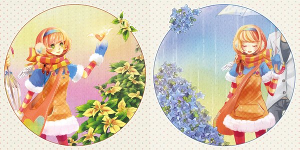 Anime picture 1397x700 with original siting zeng short hair open mouth wide image green eyes eyes closed light smile orange hair rain striped polka dot shared umbrella girl flower (flowers) heart hairband scarf umbrella winter clothes