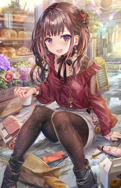 Anime picture 5184x8052 with original torino aqua single long hair tall image looking at viewer blush fringe highres open mouth smile brown hair sitting purple eyes payot absurdres bent knee (knees) outdoors blunt bangs braid (braids)