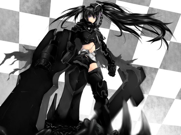 Anime picture 2000x1500 with black rock shooter insane black rock shooter maron highres scar checkered background girl