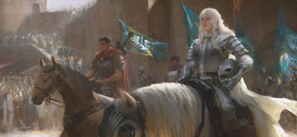 Anime picture 2000x924 with berserk guts griffith casca shi shihou long hair fringe highres short hair black hair wide image sitting looking away outdoors white hair sunlight multiple boys riding helmet removed holding helmet