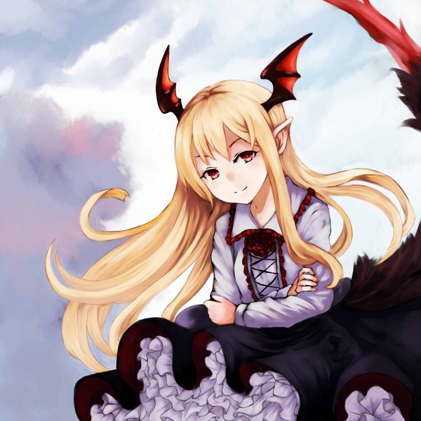 Anime picture 1280x1280 with shingeki no bahamut granblue fantasy vampy you steelo single long hair looking at viewer fringe blonde hair payot sky cloud (clouds) tail long sleeves head tilt wind pointy ears crossed arms head wings frilly skirt