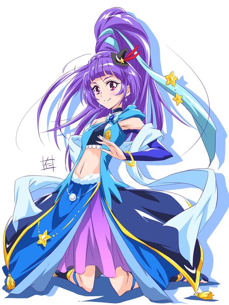 Anime picture 1465x1952 with precure mahou girls precure! toei animation izayoi riko cure magical cure magical (sapphire style) nii manabu single long hair tall image looking at viewer blush fringe simple background smile white background purple eyes signed purple hair ponytail