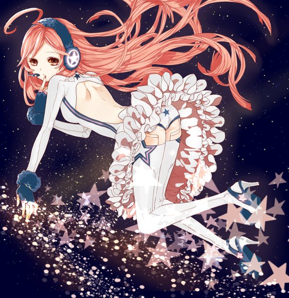 Anime picture 1280x1320 with vocaloid miki (vocaloid) abararack single long hair tall image looking at viewer open mouth light erotic brown hair brown eyes sky nail polish wind night high heels night sky back finger to mouth flying