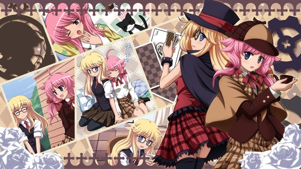 Anime picture 1920x1080 with dj max yuuki tatsuya long hair highres blue eyes blonde hair wide image multiple girls pink hair back to back girl thighhighs black thighhighs 2 girls hat glasses serafuku cat card (cards) gears