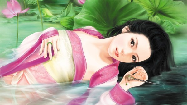 Anime picture 1914x1080 with wen chen yen single long hair looking at viewer highres black hair wide image brown eyes lying japanese clothes lips realistic cropped girl flower (flowers) plant (plants) water ring