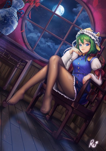 Anime picture 1404x2000 with touhou shikieiki yamaxanadu w ruwaki single long hair tall image looking at viewer fringe breasts blue eyes sitting signed sky cloud (clouds) full body indoors long sleeves green hair night dutch angle