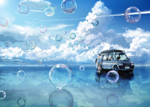 Anime picture 1200x855 with original fusui single short hair black hair standing bare shoulders sky cloud (clouds) sunlight reflection striped sunbeam boy water bubble (bubbles) ground vehicle car