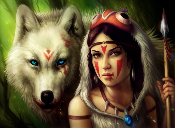 Anime picture 3500x2550 with mononoke hime studio ghibli san moro no kimi sanguisgelidus long hair highres blue eyes black hair brown eyes absurdres lips realistic facial mark face paint girl weapon earrings animal fur