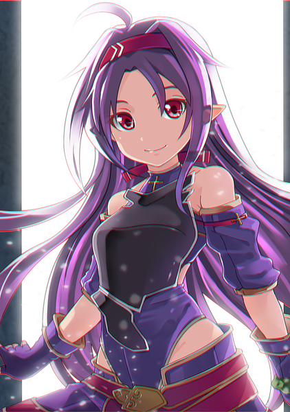 Anime picture 845x1200 with sword art online a-1 pictures yuuki (sao) srx61800 single long hair tall image fringe simple background smile red eyes standing bare shoulders payot looking away purple hair ahoge upper body head tilt pointy ears