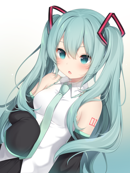 Anime picture 1200x1593 with vocaloid hatsune miku nachi single long hair tall image blush fringe breasts open mouth simple background hair between eyes standing twintails bare shoulders looking away long sleeves pleated skirt aqua eyes from above