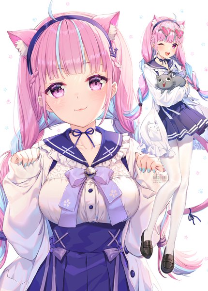 Anime picture 1200x1672 with virtual youtuber hololive minato aqua minato aqua (sailor) neko (minato aqua) rosuuri long hair tall image looking at viewer blush fringe breasts open mouth simple background smile standing purple eyes holding signed animal ears