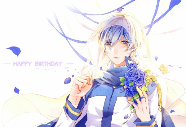 Anime picture 1200x825 with vocaloid kaito (vocaloid) mibu (1064493753) single fringe short hair blue eyes hair between eyes blue hair upper body happy birthday boy flower (flowers) ribbon (ribbons) petals scarf rose (roses) veil blue rose