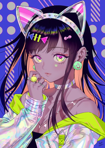 Anime picture 1018x1440 with original midori foo single long hair tall image looking at viewer black hair animal ears upper body multicolored hair piercing dark skin fake animal ears ear piercing colored inner hair multicolored eyes girl choker ring