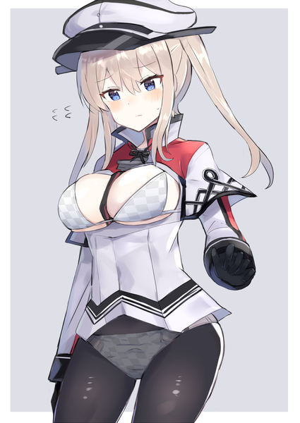 Anime picture 1000x1413 with kantai collection graf zeppelin (kantai collection) xenonstriker single long hair tall image blush fringe breasts blue eyes light erotic simple background blonde hair standing twintails payot grey background embarrassed border looking down