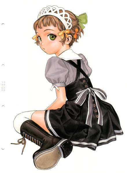 Anime picture 3000x4103 with form code (artbook) range murata single tall image looking at viewer highres short hair simple background brown hair white background sitting green eyes full body parted lips looking back from behind scan puffy sleeves wariza soles