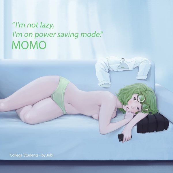 Anime picture 3324x3324 with original momo (jubi) jubi (regiana) single looking at viewer highres short hair breasts light erotic large breasts holding green eyes signed absurdres lying green hair character names text on side wavy hair