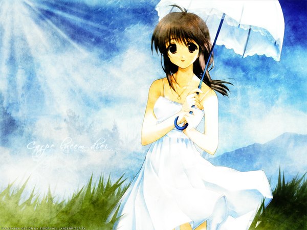 Anime picture 1024x768 with comic party makimura minami short hair brown hair brown eyes ahoge wallpaper girl plant (plants) pendant umbrella grass sundress