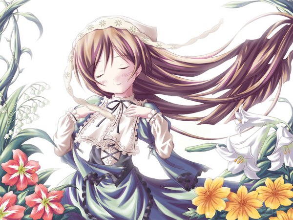 Anime picture 1024x768 with rozen maiden suiseiseki dekosuke single blush brown hair white background eyes closed very long hair girl dress flower (flowers)