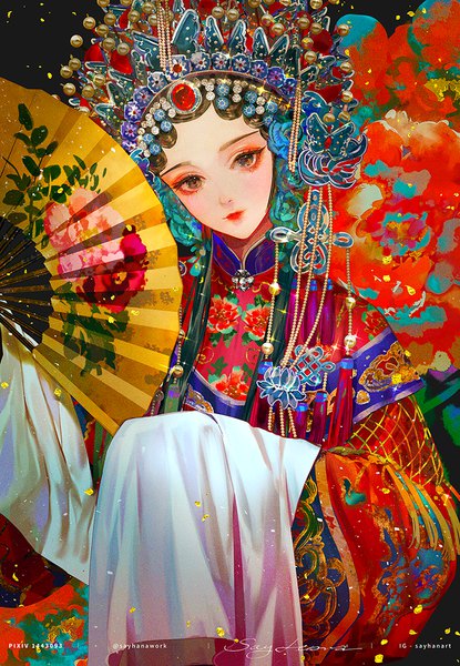 Anime picture 714x1032 with original say hana single long hair tall image looking at viewer black hair holding signed upper body long sleeves traditional clothes head tilt black eyes wide sleeves sparkle lipstick floral print chinese clothes eyeshadow
