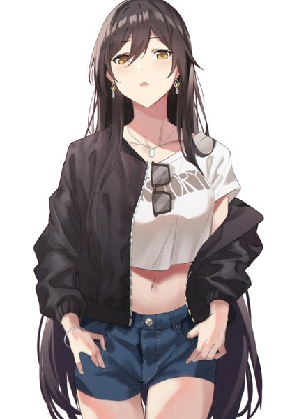 Anime picture 600x839 with idolmaster idolmaster shiny colors shirase sakuya sola (solo0730) single long hair tall image looking at viewer blush fringe open mouth black hair simple background hair between eyes standing yellow eyes payot off shoulder open jacket alternate hairstyle