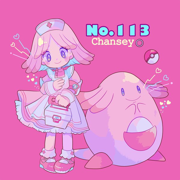 Anime picture 1923x1923 with pokemon nintendo chansey mameeekueya single looking at viewer highres short hair simple background smile standing purple eyes pink hair full body head tilt character names pink background nurse gen 1 pokemon personification