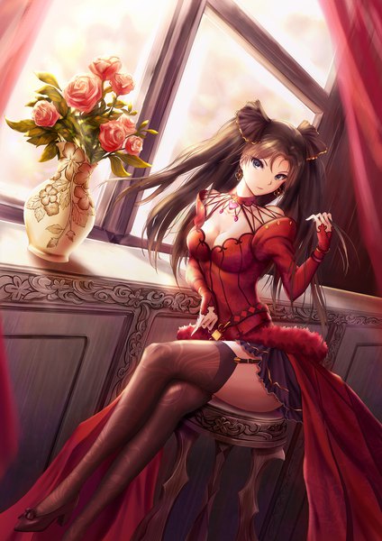 Anime picture 1414x2000 with fate (series) fate/grand order fate/stay night toosaka rin formalcraft yuzuriha (artist) single long hair tall image looking at viewer breasts light erotic brown hair sitting twintails cleavage indoors long sleeves head tilt arm up