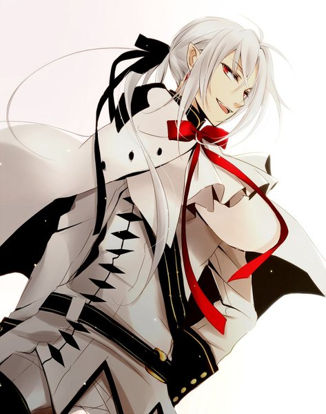 Anime picture 900x1141 with owari no seraph wit studio ferid bathory tsukimori usako single long hair tall image open mouth simple background red eyes white background pointy ears teeth fang (fangs) arm behind back vampire boy uniform ribbon (ribbons) bow