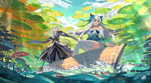 Anime picture 2000x1111 with wulin gaiden qihai lunpo long hair fringe highres breasts open mouth smile wide image standing sitting bare shoulders holding yellow eyes looking away sky cloud (clouds) outdoors white hair ponytail