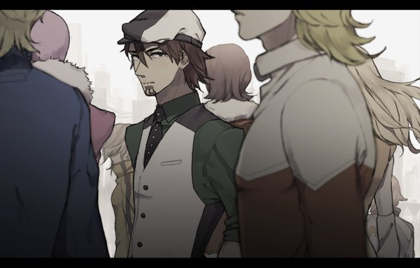 Anime picture 1676x1075 with tiger & bunny sunrise (studio) kaburagi t. kotetsu barnaby brooks jr. ivan karelin keith goodman pao-lin huang antonio lopez nathan seymour konnyaku yukko short hair blonde hair brown hair pink hair from behind group boy jacket flat cap beard