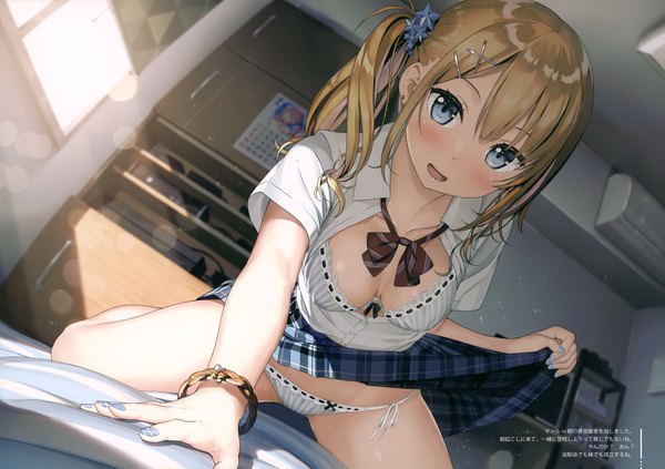 Anime picture 5010x3536 with original kantoku single long hair looking at viewer blush fringe highres breasts open mouth blue eyes light erotic blonde hair smile hair between eyes sitting payot absurdres cleavage indoors