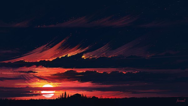 Anime picture 1920x1080 with original aenami highres wide image signed sky cloud (clouds) wallpaper evening sunset no people scenic sun