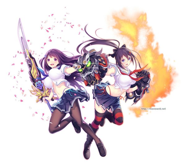 Anime picture 800x700 with valkyrie drive valkyrie drive -bhikkhuni- arms corporation kagurazaka ranka kagurazaka rinka mana kakkowarai long hair blush breasts open mouth light erotic large breasts purple eyes multiple girls purple hair ponytail girl thighhighs skirt weapon