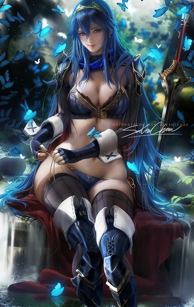 Anime picture 633x1000 with fire emblem fire emblem awakening nintendo lucina (fire emblem) sakimichan single long hair tall image looking at viewer blush fringe breasts blue eyes light erotic hair between eyes sitting blue hair cleavage bent knee (knees) outdoors