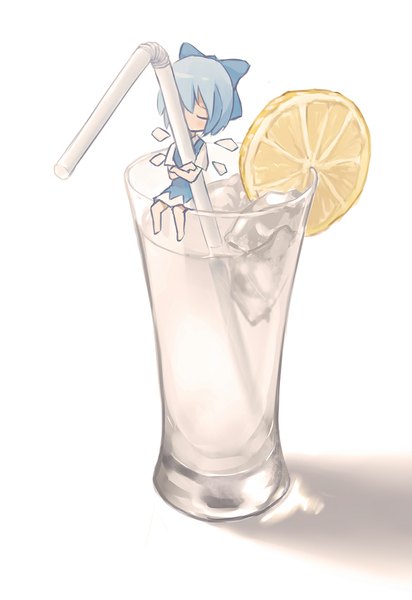 Anime picture 800x1163 with touhou cirno xiao qiang (overseas) single tall image short hair simple background white background sitting blue hair eyes closed minigirl girl bow hair bow wings water fruit glass ice