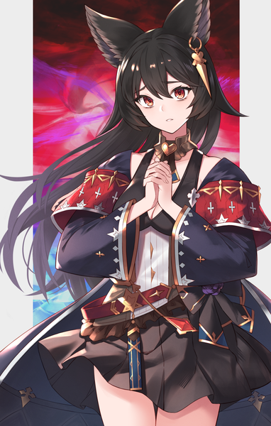 Anime picture 765x1200 with granblue fantasy nier (granblue fantasy) gen (gen 7254) single long hair tall image looking at viewer blush fringe black hair hair between eyes red eyes standing white background animal ears payot cleavage long sleeves parted lips head tilt