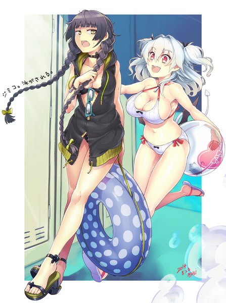 Anime picture 1646x2209 with original ayaki (artist) long hair tall image breasts open mouth light erotic black hair red eyes large breasts twintails multiple girls signed yellow eyes white hair braid (braids) bare belly twin braids eyewear removed girl