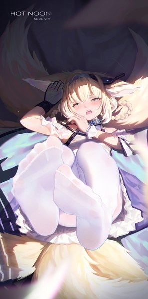 Anime picture 1000x2022 with arknights suzuran (arknights) ice (dzs1392584271) single tall image looking at viewer blush fringe short hair open mouth light erotic blonde hair hair between eyes green eyes animal ears full body tail lying animal tail teeth