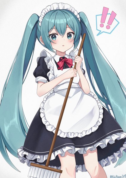 Anime picture 2480x3508 with vocaloid hatsune miku noneon319 single tall image looking at viewer blush fringe highres simple background hair between eyes white background twintails signed very long hair aqua eyes aqua hair maid twitter username !