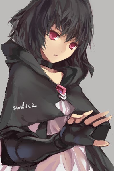 Anime picture 1417x2125 with swd3e2 single tall image looking at viewer short hair black hair simple background signed pink eyes girl dress gloves fingerless gloves