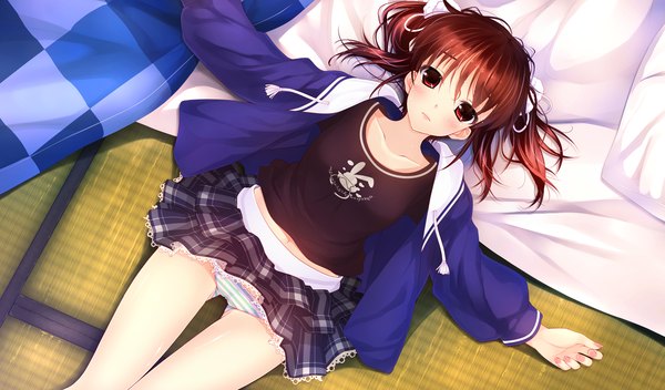 Anime picture 1700x1000 with shoujo shin'iki tsukamine miori hayakawa harui blush short hair light erotic red eyes brown hair wide image twintails game cg open clothes open jacket short twintails girl skirt underwear panties miniskirt