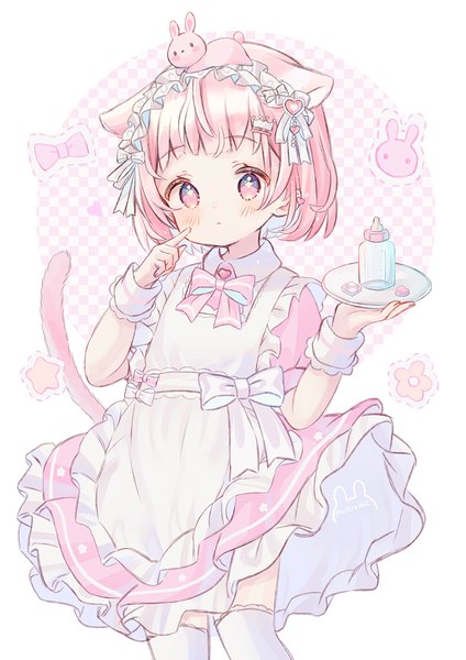 Anime-Bild 1000x1414 mit original fruitsrabbit single tall image looking at viewer blush fringe short hair simple background standing animal ears pink hair tail animal tail pink eyes cat ears arms up maid cat girl cat tail