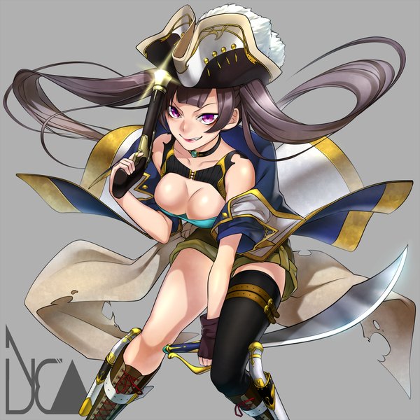 Anime picture 1000x1000 with original levion single long hair breasts light erotic simple background purple eyes twintails bare shoulders grey background grin torn clothes pirate girl thighhighs gloves weapon hat sword